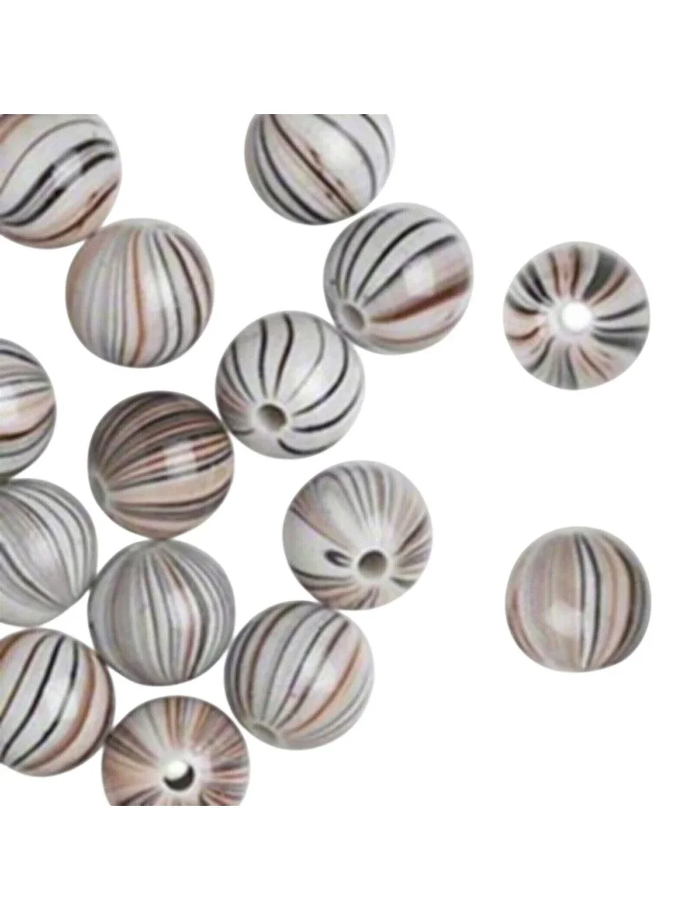 Vintage Y2K Striped Round Brown Black White 12mm Acrylic Beads 10 pcs
